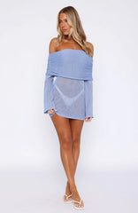 Can't Leave Me Long Sleeve Boucle Mini Dress Cornflower Blue