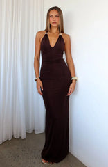 Waste A Moment Halter Maxi Dress Chocolate