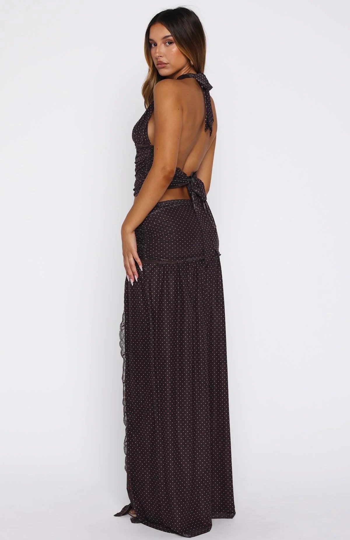 Mad At You Maxi Skirt Choc/Pink Polka Dot
